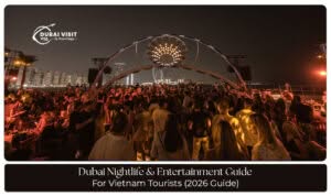 Vietnam tourists enjoying Dubai’s nightlife with illuminated skyscrapers, night markets, and lively entertainment areas.