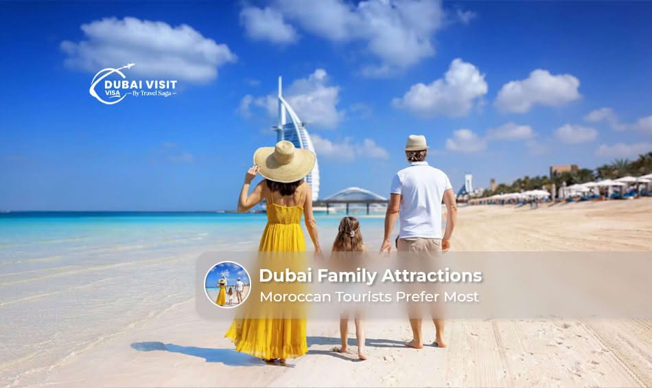Moroccan family enjoying Dubai attractions including Burj Khalifa, Dubai Aquarium, and desert safari