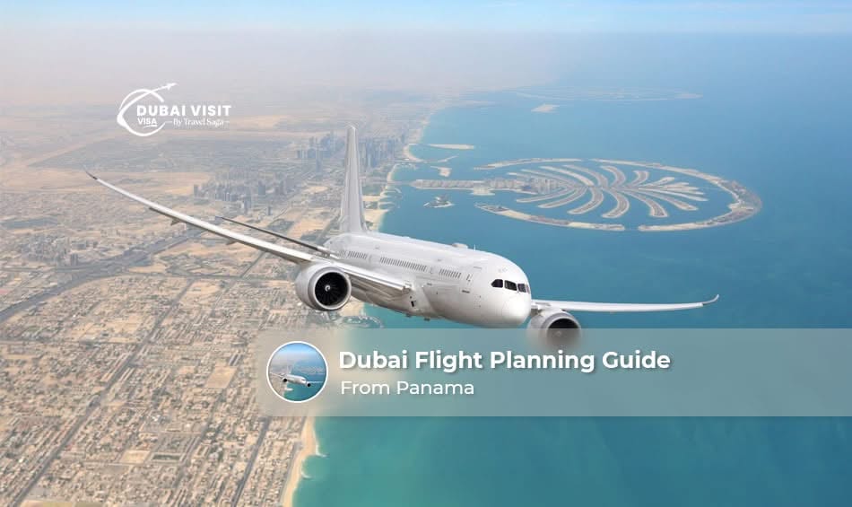 Dubai skyline with a commercial airplane, representing flight planning from Panama to Dubai.