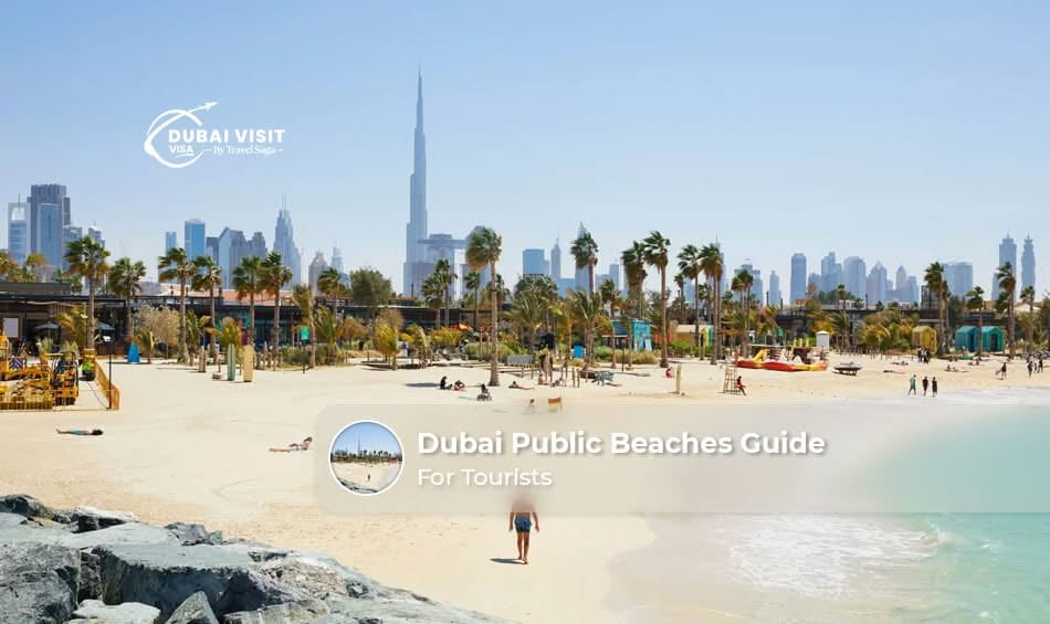 Tourists relaxing on a clean public beach in Dubai with clear water, soft sand, and the city skyline in the background.